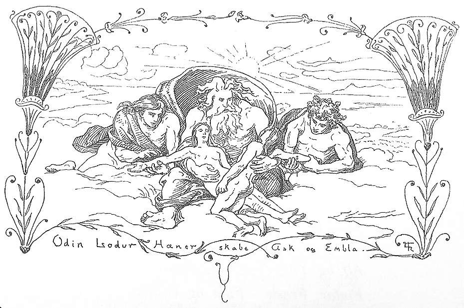 Óðinn, Lóðurr, Hœnir créent Ask et Embla, par Lorenz Frølich