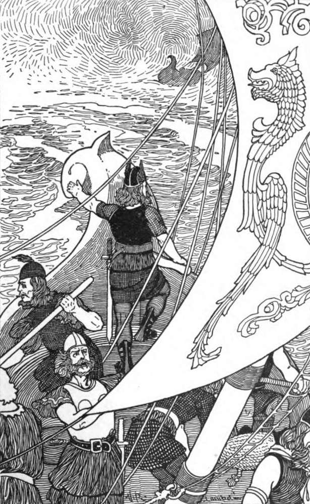 Victor R. Lambdin, illustration de Viking Tales de Jennie Hall, Ingolf fait voile vers l'Islande