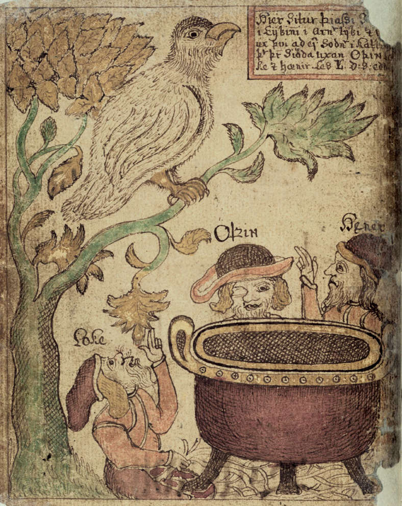 Þjazi sous la forme d'un aigle, Óðinn, Loki et Hœnir dans le manuscrit SÁM 66