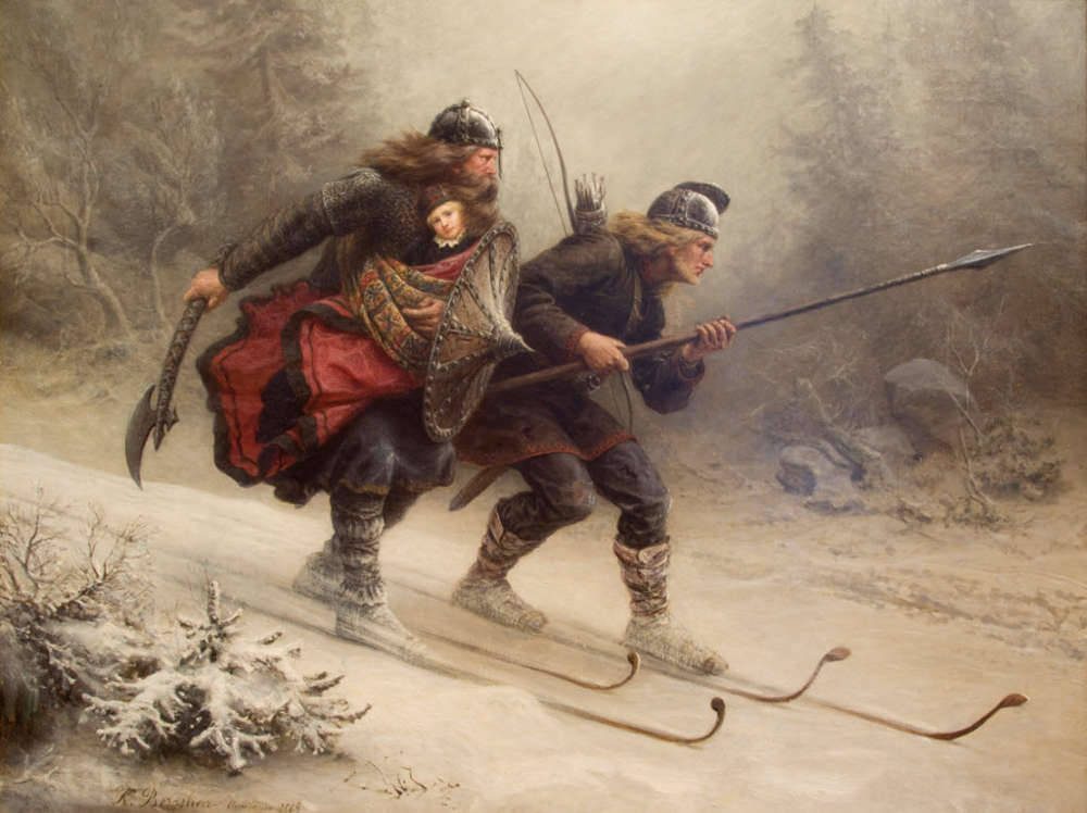 Les Birkebeiner traversant la montagne à skis avec l'enfant royal, Knud Bergslien