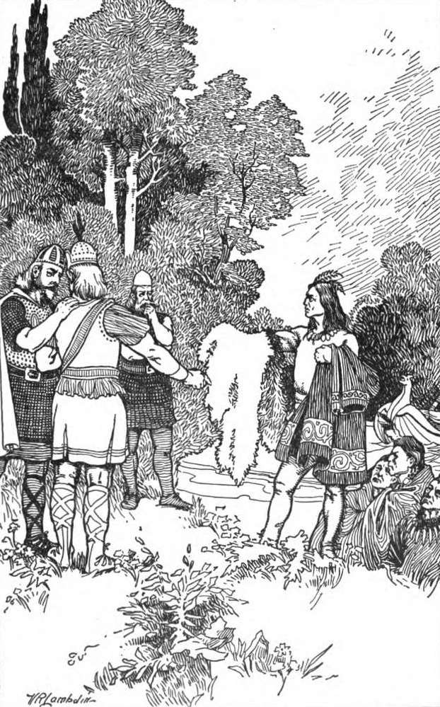 Victor R. Lambdin, illustration de Viking Tales de Jennie Hall, Thorfinn commerce avec les indigènes du Wineland